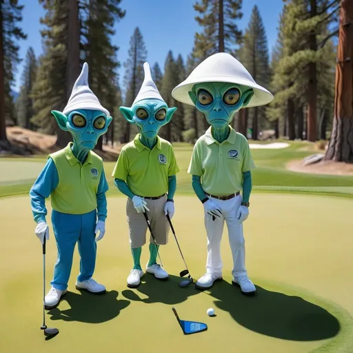 Prompt: senior alien golfers in Lake Tahoe, alien caddies, putting green, blue lake