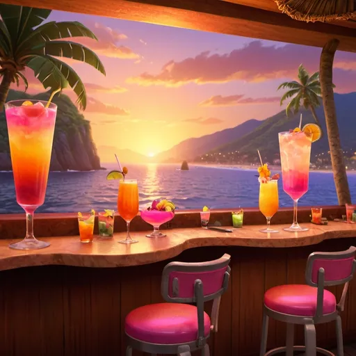 Prompt: Couple having cocktails in a tiki bar next to the ocean, trees, parrots, tropical, restaurant background with dining customers sitting at tables 