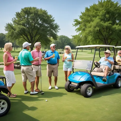 Prompt: middle aged adults at party with golf carts, chairs, drinking, talking, green grass, trees, blue sky, 