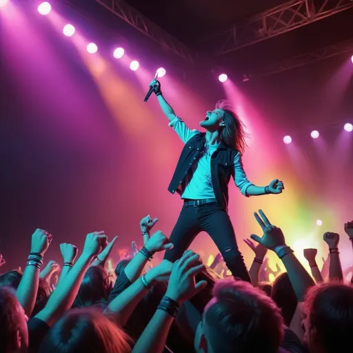 Prompt: Alternative rock concert, band on stage, brightly lighted stage, large audience with rock on hand symbols