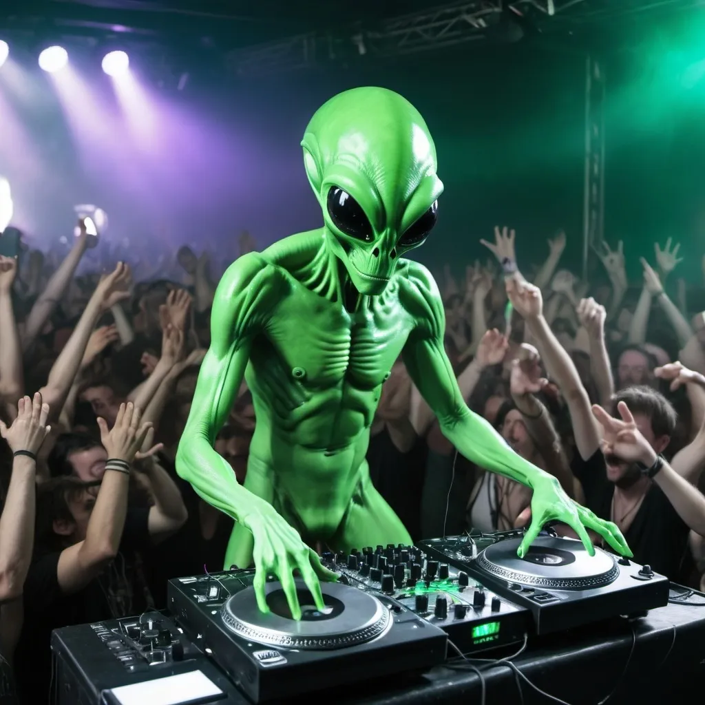 Prompt: Green alien rave, concert alien DJ on stage, mosh pit