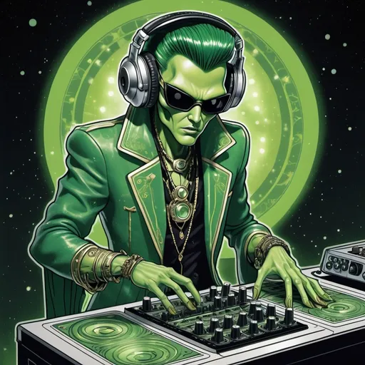 Prompt: tarot card Anime illustration, green elvis alien dj using music mixer, 