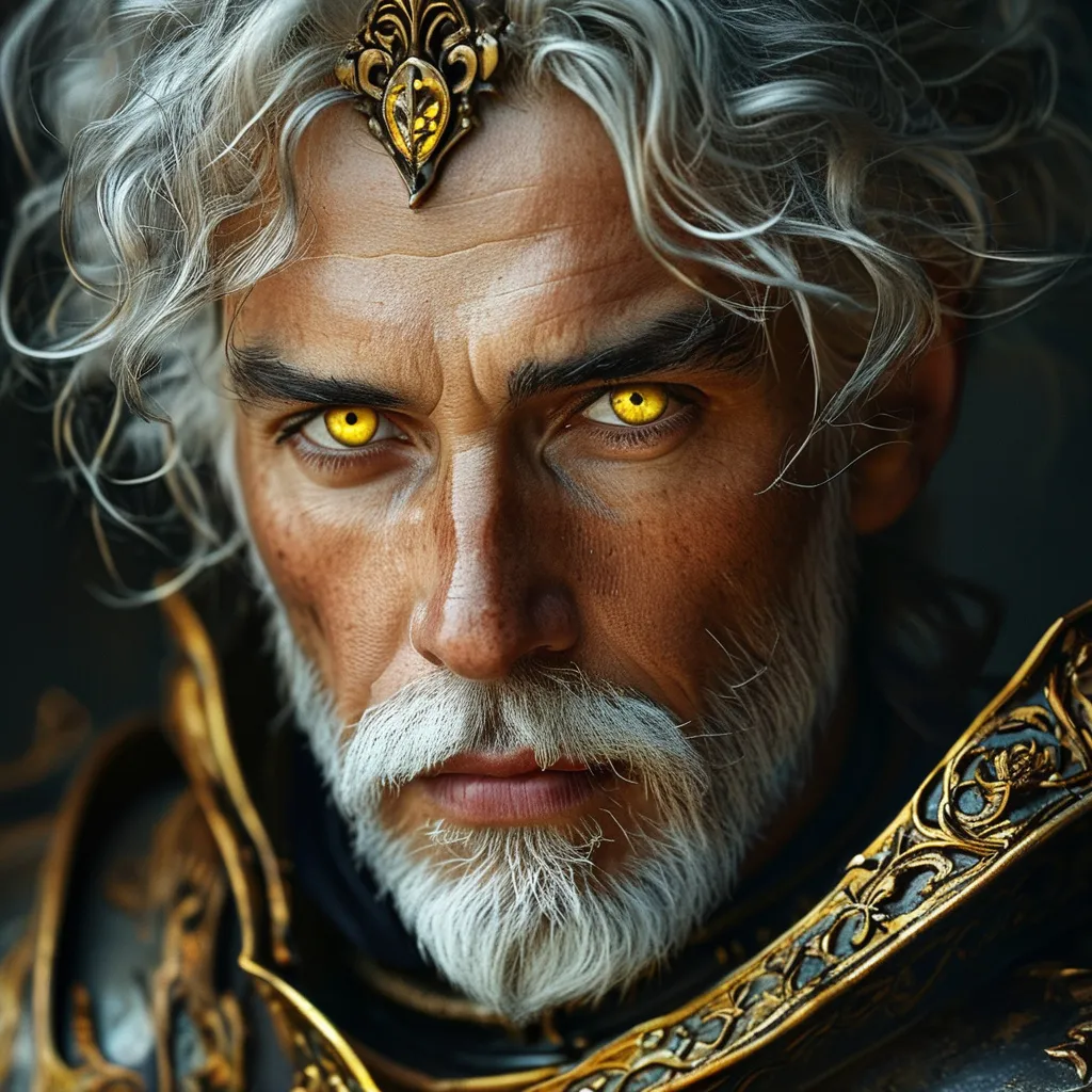 Prompt: A lord with ashen hair of ancient times and bright yellow eyes, 4k photo portrait