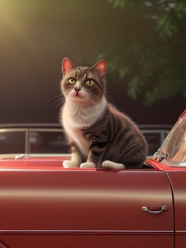 Prompt: Realistic illustration of a cute cat sitting on a shiny red vintage car, morning blossom, 4k, high-res, detailed fur, vintage style, bright and vibrant, cute expression, realistic lighting, vintage car, red color, morning atmosphere, realistic, detailed illustration