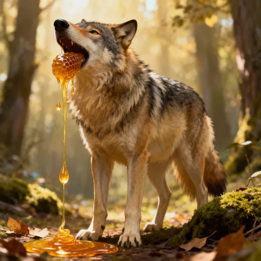 Prompt: Design an image of a wolf secreting honey.