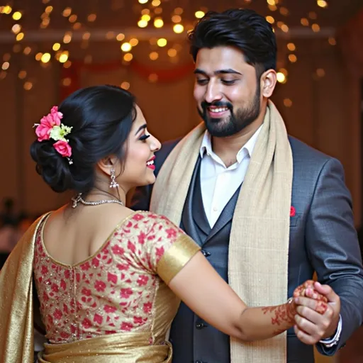 Prompt: Amidst a warm, twinkling backdrop of fairy lights, a couple shares a serene moment while dancing together. The woman, adorned in a beautiful golden saree with intricate red patterns, exudes elegance with her dark hair adorned with vibrant flowers. Her delicate smile meets the gaze of the man, who is dressed in a classic grey suit with a light-colored scarf elegantly draped over his shoulders. Their intertwined hands, highlighted by her intricately decorated mehndi, symbolize their connection, while the soft lighting adds an intimate glow that enhances the joyous atmosphere of this celebratory occasion. The scene captures the essence of love and tradition, evoking a sense of romance and togetherness.