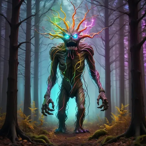 Prompt: Electric trees in a forest shining bright colors 

Creepy monster following behind you 

