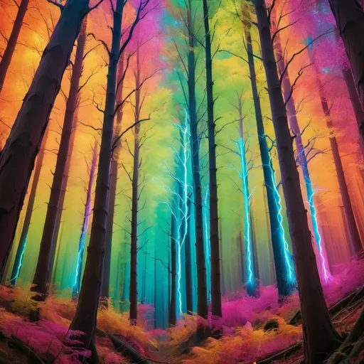 Prompt: Electric trees in a forest shining bright colors 


