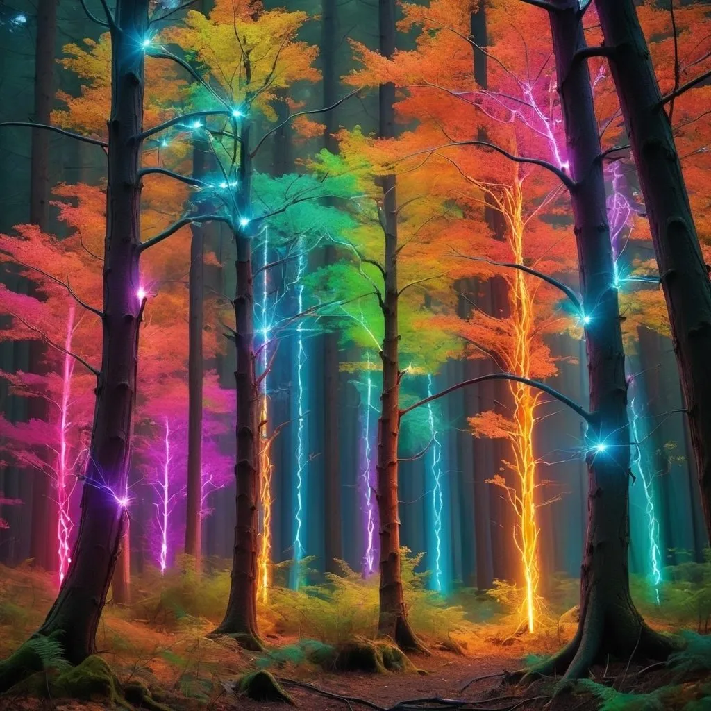 Prompt: Electric trees in a forest shining bright colors 


