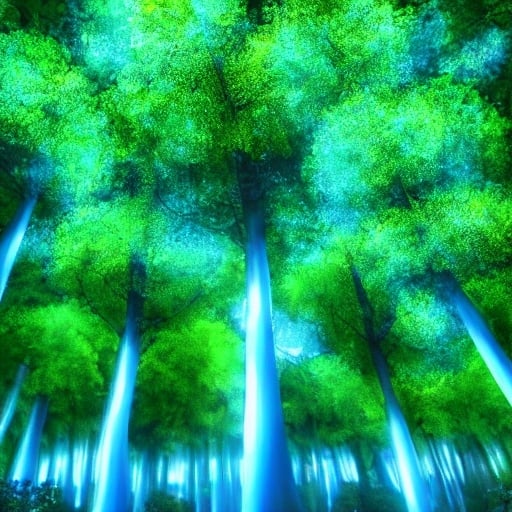 Prompt: Electric trees in a forest shining bright colors 



