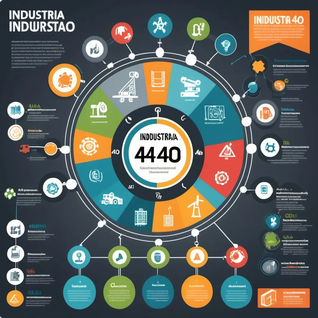 Prompt: "Genera una infografía sobre Industria 4.0 con un estilo moderno y profesional, incluyendo íconos y conceptos claros. Cada concepto debe estar representado por un ícono visual atractivo y fácil de entender, y con una paleta de colores profesionales (azules, grises, y tonos suaves). Los conceptos a incluir son: ciberseguridad, automatización, inteligencia artificial, mantenimiento predictivo, realidad aumentada, digitalización, cloud computing, y GMAO (gestión de mantenimiento asistido por ordenador)."