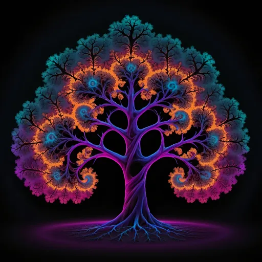 Prompt: Mandelbrot set like a tree, neon on dark background