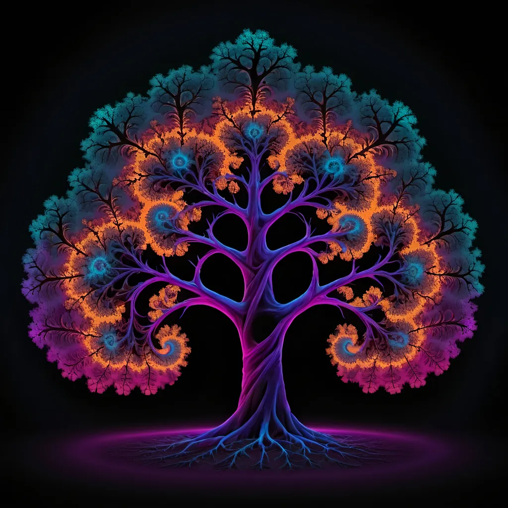 Prompt: Mandelbrot set like a tree, neon on dark background