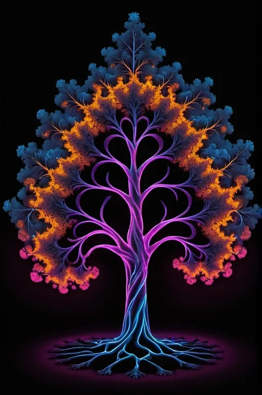 Prompt: Mandelbrot set like a tree, light neon on dark background