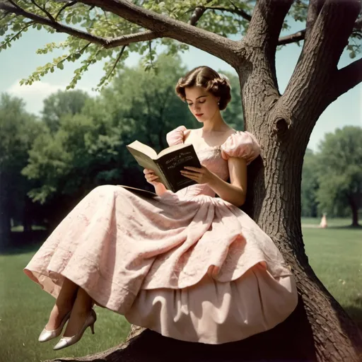Prompt: vintage picture of a woman sitting in a tree, her ballgown over the branches, reading a novel 





