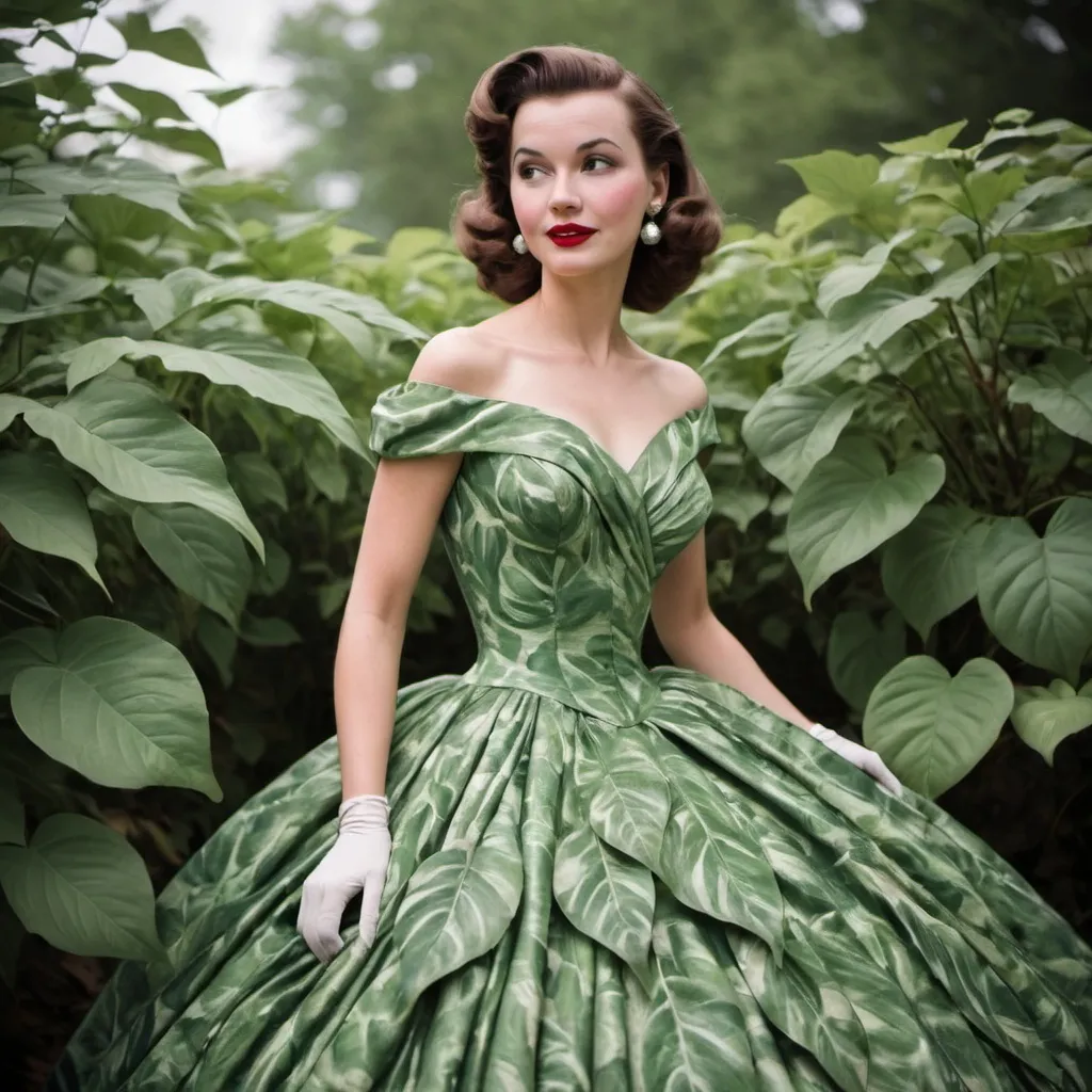 Prompt: elegant woman, 1950s outfit, wearing a ballgown made of plant leaves

