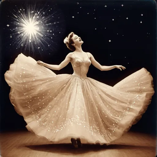 Prompt: vintage picture of a woman dancing in a ballgown, made of starlight




