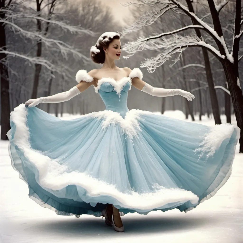 Prompt: vintage picture of a woman dancing with a ballgown made of snow and ice 





