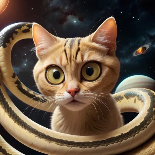 Prompt: cat, big eyes of a snake, flying at the space next to saturn