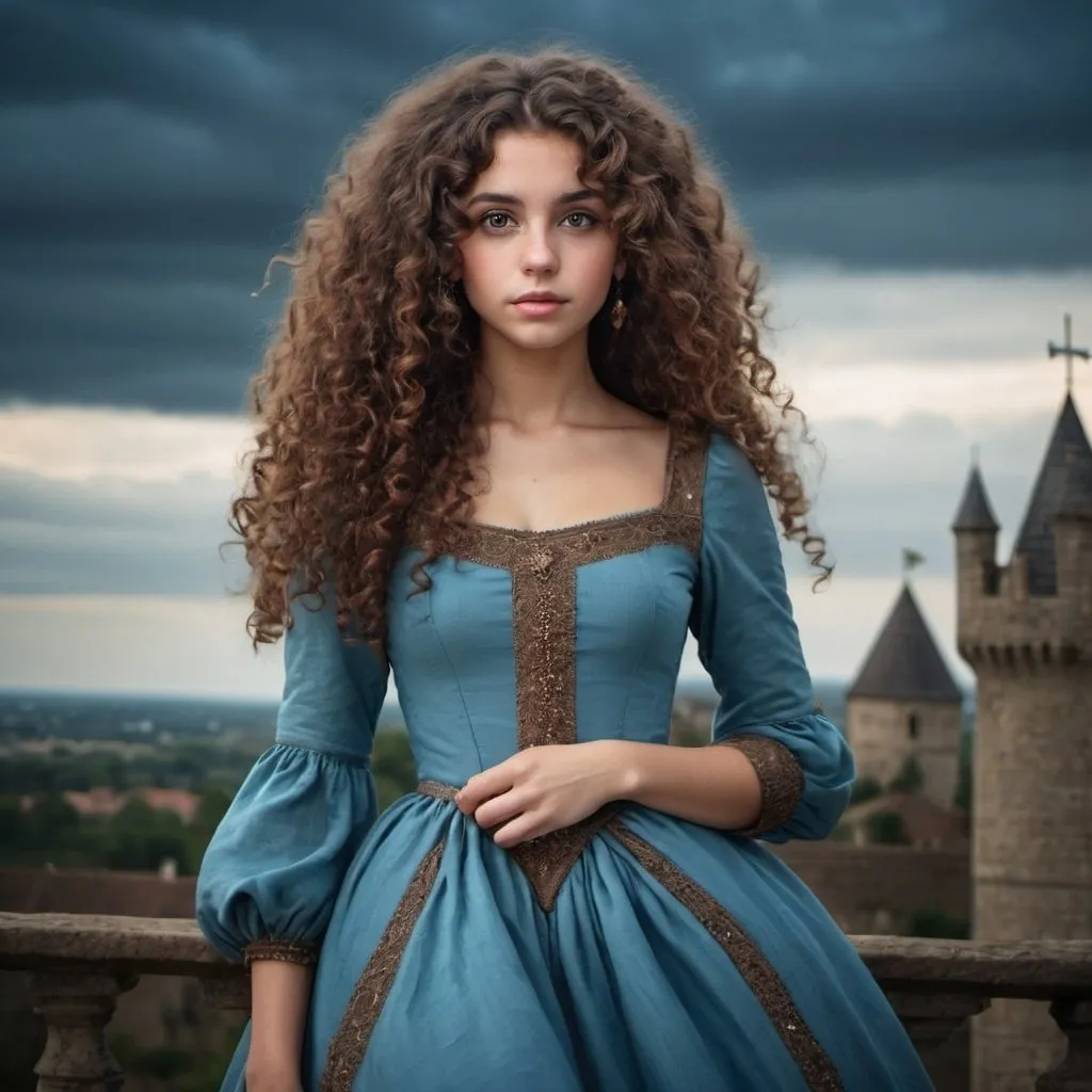 Prompt: Beautiful young woman, giant brown curly hair, dark brown eyes, medieval sky-blue dress