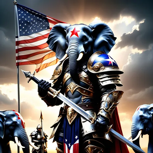 Prompt: Dark theme Hyper realistic warrior wearing final fantasy style armor and helmet with American republican elephant flag cape holding final fantasy style sword, surrounded by warriors in armor. Sunshine breaking over storm in background. 