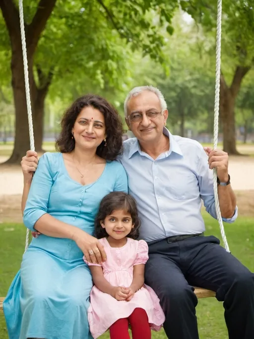 Prompt: a man and two women and a child sitting on a swing together in a park with trees in the background, De Hirsh Margules, samikshavad, portrait photography, a stock photo