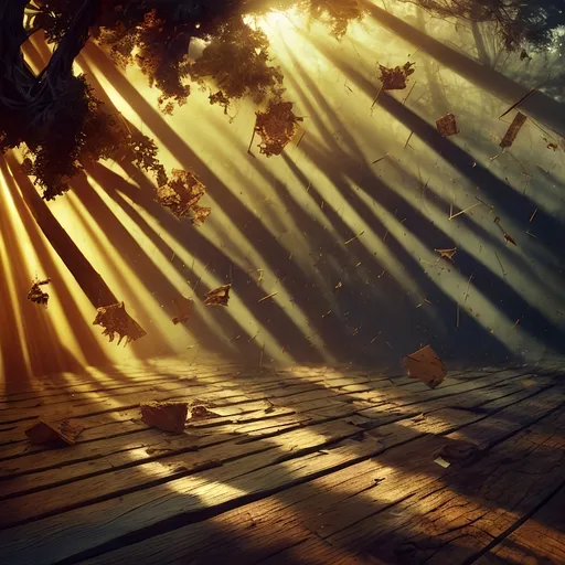 Prompt: (splinters of wood falling from the sky), (surreal concept), dramatic sky with golden sunlight casting elongated shadows, rich textures of wood contrasting against the ethereal background, deep vibrant colors blending together, whimsical atmosphere evoking wonder, ultra-detailed, 4K resolution, creating a sense of magical realism, captivating the viewer with an unexpected scene.