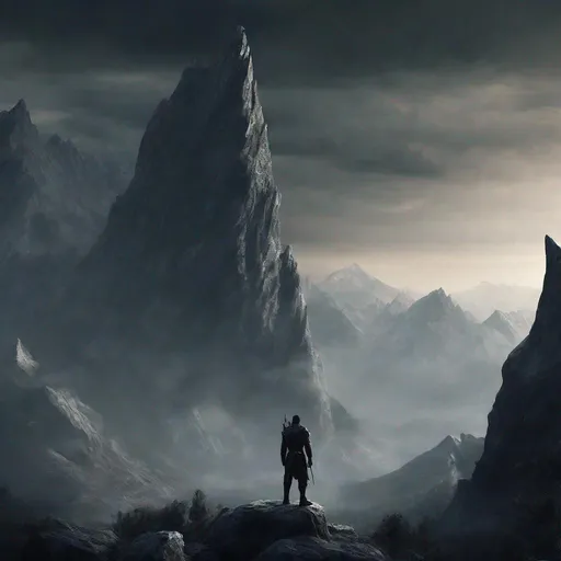 Prompt: [mountain and man] dark fantasy, sharp focus,
 very detailed, detailed background elements, maximum texture, --ar 1:1