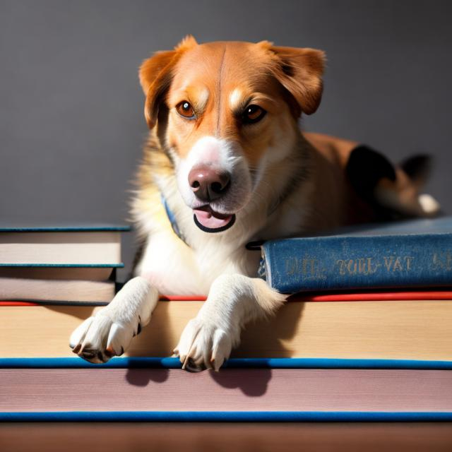 Prompt: dog sitting on books
