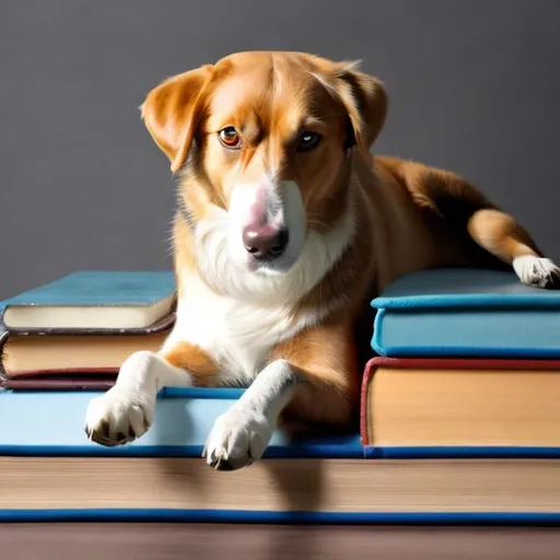 Prompt: dog sitting on books
