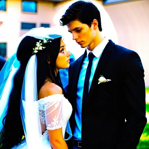 Prompt: White girl with long black hair and big doe eyes. Girl has an innocent look to her. Girl is 19 years old. Girl is wearing a white wedding dress. Guy standing very close to her is looking down at her with affection in his eyes. Guy is tall and has brown skin. Guy is wearing a black suit with coat and without tie and top buttons of black shirt are unbuttoned. He also has black hair. He is 24 years old. Background should be fantastical 