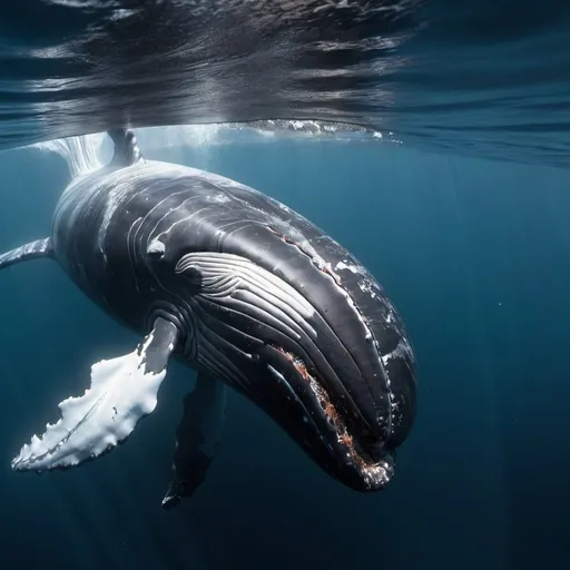 Prompt: A whale in a 4k looking sea eating a fish 