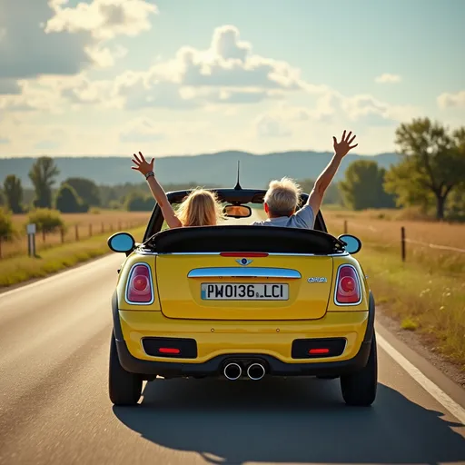 Prompt: yellow convertible mini cooper, 2 joyful persons aboard driving on a country road, sunny afternoon