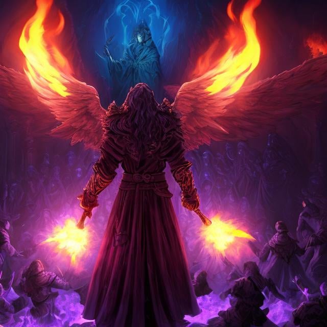 Prompt: A holy angel mage with robe and long hair  stand against a horde of demons behind ice wall. The mage preparing to fire a fireball with his hands. View from the back, surrounded by flames. The demons have a purple-black color scheme.