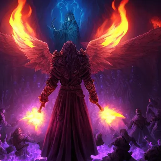 Prompt: A holy angel mage with robe and long hair  stand against a horde of demons behind ice wall. The mage preparing to fire a fireball with his hands. View from the back, surrounded by flames. The demons have a purple-black color scheme.