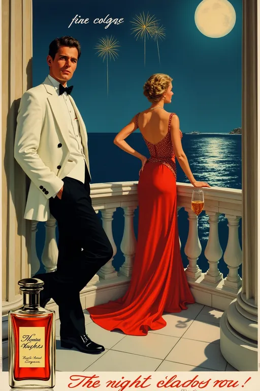 Prompt: Vintage  1950 illustrated  semi-realistic cologne advertisement poster for Monaco Nights fine cologne, with the  slogan, “The Night Belongs to You.” Show a dapper confident man in a white tuxedo leaning against a stone pillar with one hands in his pockets at night on the balcony of a fancy Monaco casino overlooking the ocean and a beautiful woman wearing a red gown and and diamonds walking towards him staring directly at him, holding a  glass of champagne. Moonlight is reflecting off the water and there are fireworks in the distance. There is a bottle of Monaco Knight’s cologne at the bottom of the image. The man is glancing confidently. at the camera. 
