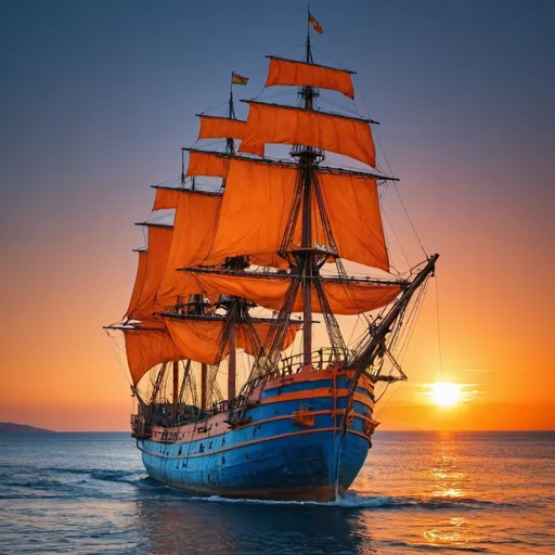 Prompt: Callendar as a wallpaper for 2024, #blue #light, #sunset #sea #orange #old spanish ship