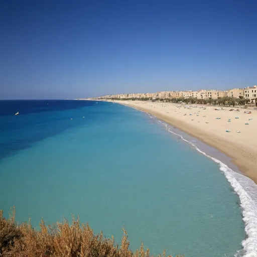 Prompt: Mediteran seaside, North Africa, Sky are blue, Beach is sandy, Wallpaper