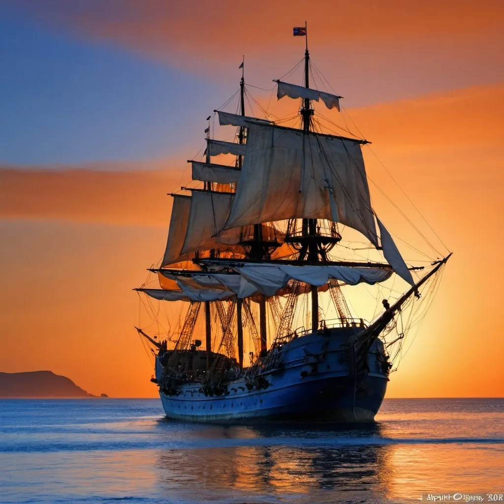 Prompt: Callendar as a wallpaper for 2024, #blue #light, #sunset #sea #orange #old spanish ship, #days of month april 2024