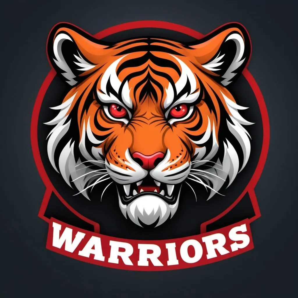 Prompt: Create a team logo image, font as warriors cc and add ferocious 3d tiger in background with red theme. Also add a suitable tag line to team name