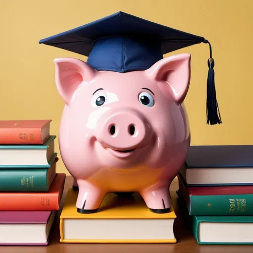 Prompt: Create  a profile page image that incorporates both financial and educational elements:
The profile picture features a vibrant and friendly-looking piggy bank with a cheerful expression, wearing a graduation cap tilted slightly to the side. The piggy bank is surrounded by a few colorful books stacked neatly beside it, symbolizing knowledge and education. At the bottom of the image, there's a subtle background pattern of dollar signs and mathematical symbols, representing finance and learning. The overall image is clean, simple, and eye-catching, conveying the message of financial education in a friendly and approachable manner.