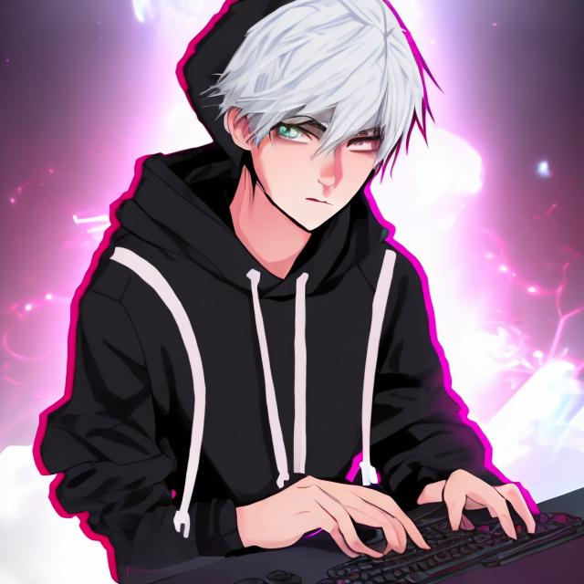 Prompt: a handsome anime boy have white hair, red eyes, and he wearing a black hoodies and he play a game on a gaming pc