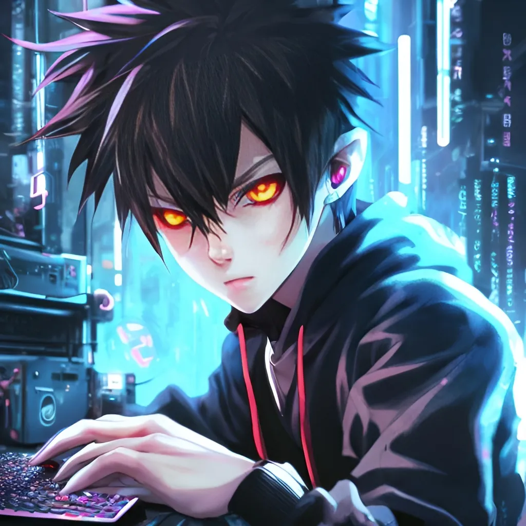 Prompt: cute anime boy with white hair, intense red eyes, wearing a black hoodie, playing video game on a high-tech gaming PC, detailed eyes, sleek design, cool tones, futuristic setting, professional, atmospheric lighting, anime style, cyberpunk, gaming, intense focus, best quality, highres, ultra-detailed