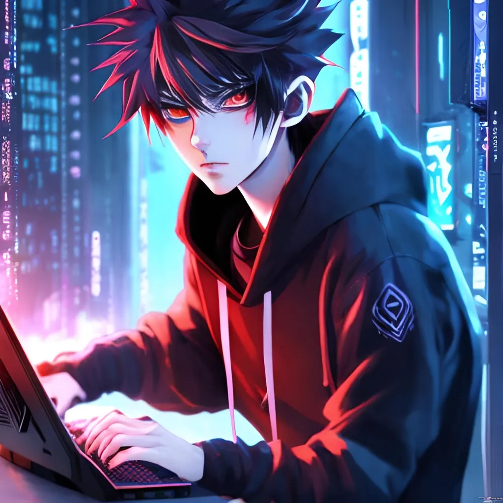 Prompt: cute anime boy with white hair, intense red eyes, wearing a black hoodie, playing video game on a high-tech gaming PC, detailed eyes, sleek design, cool tones, futuristic setting, professional, atmospheric lighting, anime style, cyberpunk, gaming, intense focus, best quality, highres, ultra-detailed