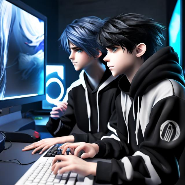 Prompt: an anime boy with a white hair and black hoodies play a game on a gaming pc's