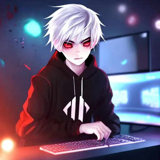 Prompt: an anime boy have white hair, red eyes, and he wearing a black hoodies and he play a game on a gaming pc