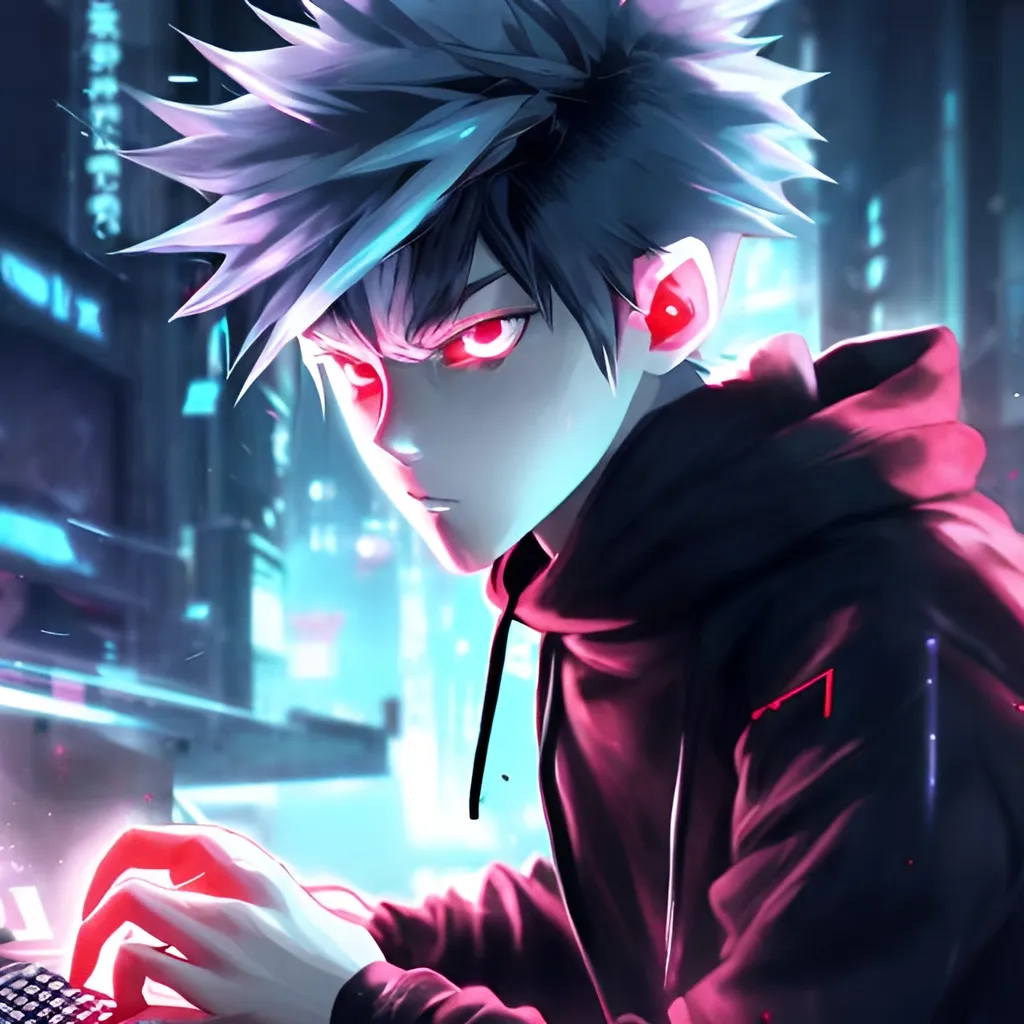 Prompt: cute anime boy with white hair, intense red eyes, wearing a black hoodie, playing video game on a high-tech gaming PC, detailed eyes, sleek design, cool tones, futuristic setting, professional, atmospheric lighting, anime style, cyberpunk, gaming, intense focus, best quality, highres, ultra-detailed