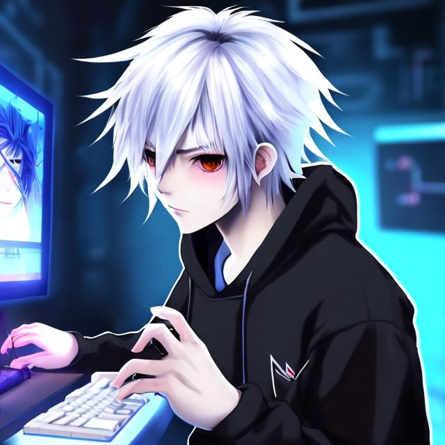 Prompt: an anime boy have white hair wearing a black hoodies play a game on a gaming pc's