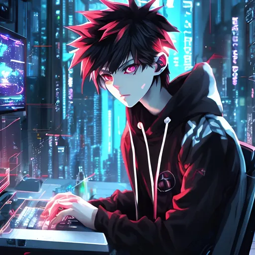 Prompt: cute anime boy with white hair, intense red eyes, wearing a black hoodie, playing video game on a high-tech gaming PC, detailed eyes, sleek design, cool tones, futuristic setting, professional, atmospheric lighting, anime style, cyberpunk, gaming, intense focus, best quality, highres, ultra-detailed