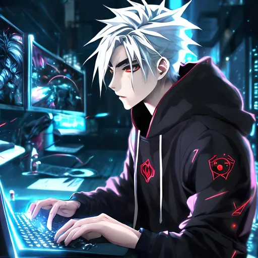 Prompt: Handsome anime boy with white hair, intense red eyes, wearing a black hoodie, playing video game on a high-tech gaming PC, detailed eyes, sleek design, cool tones, futuristic setting, professional, atmospheric lighting, anime style, cyberpunk, gaming, intense focus, best quality, highres, ultra-detailed